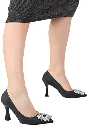 Modabuymus Siyah Saten Taşlı Stiletto Kadeh Topuklu Ayakkabı - Anjelik