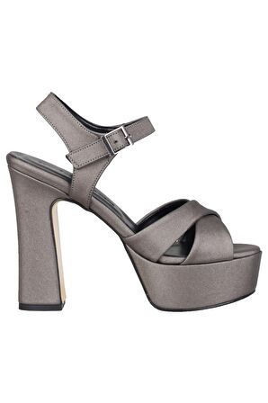 Modabuymus Platin Gri Saten Kalın Platform Topuklu Yüksek Ayakkabı - Margarita