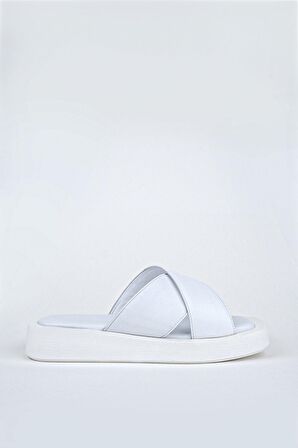 Modabuymus Beyaz Hakiki Deri Anatomik Günlük Terlik - Vulap