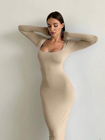 Scuba Kumaş Elbise Krem - Scuba Fabric Dress Cream