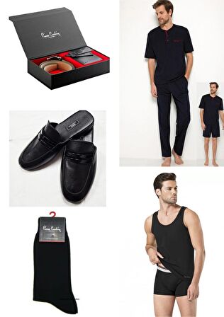 5Lİ Kutulu Erkek Çeyiz Paketi Pijama Takım & Şort Atlet Boxer  Çorap - Kemer Cüzdan Set ve Terlik  H