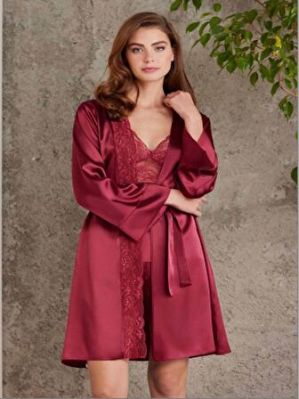  Saten Gecelik Sabahlık  Şort Takım 4Lü Gelin Çeyiz Seti - 7015