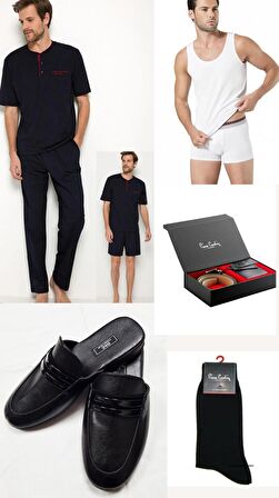5Lİ Kutulu Erkek Çeyiz Paketi Pijama Takım & Şort Atlet Boxer  Çorap - Kemer Cüzdan Set ve Terlik  H