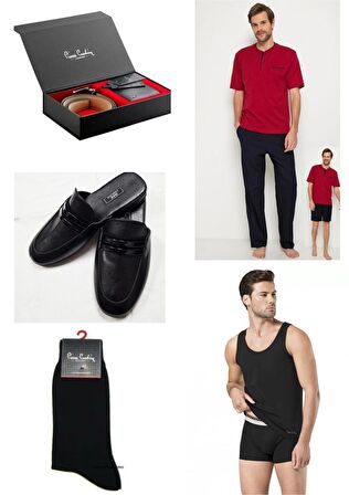 5Lİ Kutulu Erkek Çeyiz Paketi Pijama Takım & Şort Atlet Boxer  Çorap - Kemer Cüzdan Set ve Terlik  H