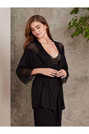 Kadın Penye Dantelli Sabahlıklı Pijama Takımı - 2820