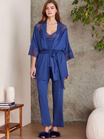 Kadın Penye Dantelli Sabahlıklı Pijama Takımı - 2820