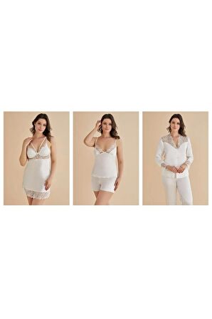 Saten Gecelik Sabahlık Pijama Takım Şort Takım 6'lı Gelin Çeyiz Seti 8670