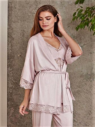 Kadın Penye Dantelli Sabahlıklı Pijama Takımı - 2810