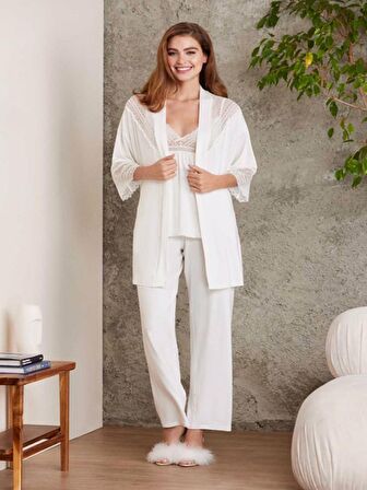 Kadın Penye Dantelli Sabahlıklı Pijama Takımı - 2820