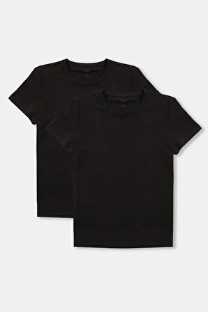Erkek Siyah Sıfır Yaka Kısa Kollu Penye 2 Li T Shirt 032