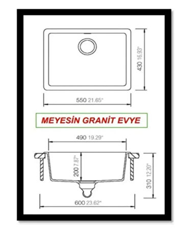 Meyesin Tezgah Altı Antrasit Granit Mutfak Eviyesi 43 X 55 Cm.