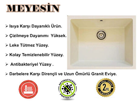 MEYESİN Tezgah Altı Krem Granit Mutfak Evyesi 43 X 55 cm.