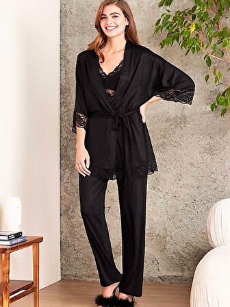 Kadın Penye Dantelli Sabahlıklı Pijama Takımı - 2810