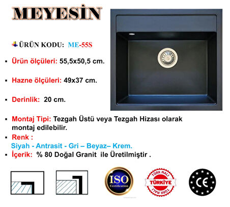 Meyesin Granit Eviye Siyah Tek Gözlü Mutfak Evyesi 50 X 55 Cm.
