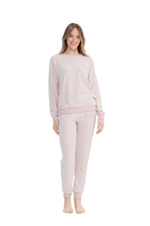 U.S. Polo Assn. 17082 Kadın Pembe Melanj Uzun Kollu Yuvarlak Yaka Pijama Takım