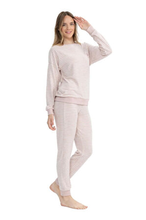 U.S. Polo Assn. 17082 Kadın Pembe Melanj Uzun Kollu Yuvarlak Yaka Pijama Takım