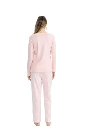 Orijinal Lisanslı Kadın Pembe Yuvarlak Yaka Pijama Takımı  17108