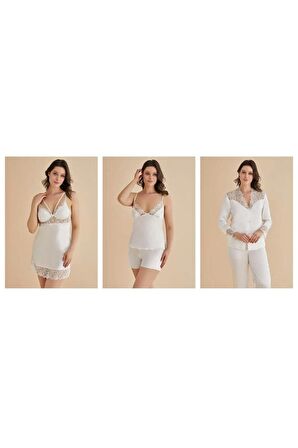 Saten Gecelik Sabahlık Pijama Takım Şort Takım 6'lı Gelin Çeyiz Seti 8670