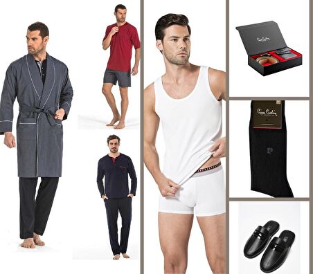 Pierre cardin 5Li Çeyiz Paketi Robdöşambr Atlet Boxer Takım Çorap Ve 2 Li Kemer Cüzdan Set Lacivert