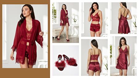 Pierre Cardin Saten Sabahlık Gecelik Şort Takım 4'lü Ve Terlikli Çeyiz Paketi