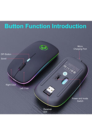 Kablosuz Wireless RGB Özellikli Sessiz Şarj Edilebilir Mouse 