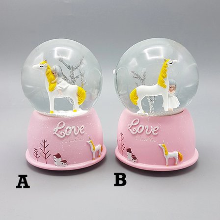 Mini Pembe Kar Küresi - Sevimli Unicorn ve Kız Tasarımlı - Işıklı