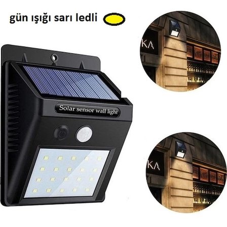 Sarı Gün Işıklı Solar Lamba - 20 LED - Dış Mekan Duvar Tipi