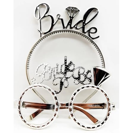 Bride Yazılı Taç ve Bride To Be Yazılı Gözlük Seti - Gümüş Renk