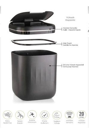Otomatik Hareket Sensörlü Akıllı Çöp Kovası – 20 Litre Sessiz ve Hijyenik Kullanım