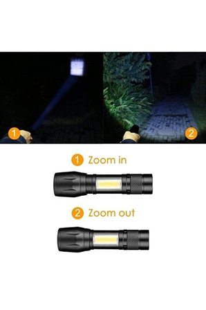 USB Şarjlı Zoomlu Mini El Feneri Q5 Güçlü Işık Yan COB LED SOS Mod Kutulu Taşınabilir