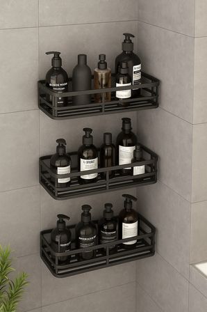 3 lü Banyo Düzenleyici Organizer Şampuanlık Havlupan Askısı Havluluk Siyah Banyo Duş Mutfak Rafı