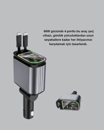 Araç Şarj Cihazı 66W 4 Portlu Hızlı Şarj ve LED Işıklı