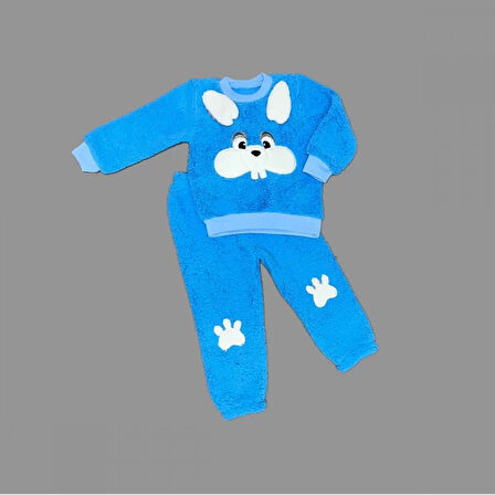 Eterelle 1-2-3 Yaş Kulaklı Tavşan Figürlü Kuzu Kumaş Sweat Pantolon Uzun Kollu Kız Erkek 2 Li Takımı Saks Mavisi