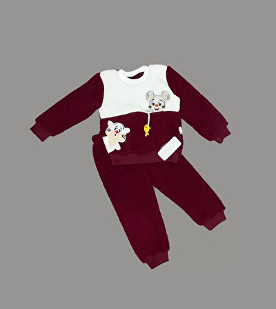 Eterelle 1-2-3 Yaş Sallanan Balık Nakışlı Kuzu Kumaş Sweat Pantolon Uzun Kollu Kız Erkek 2 Li Takımı Bordo