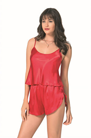 Eterelle   Kırmızı Saten Babydoll Şort Takımı