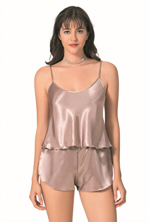 Eterelle   Vizon Saten Babydoll Şort Takımı