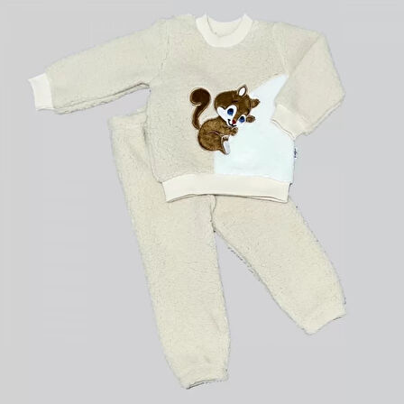 Eterelle 1-2-3 Yaş Masum Yavru Sincap Nakışlı Kuzu Kumaş Sweat Pantolon 2li Kız Erkek Bebek Takımı Bej