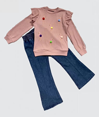 Eterelle 4-5-6 Yaş Kot Pantolonlu Flamingo Desenli Penye Sweat Uzun Kollu 2li Kız Çocuk Takımı Gül Kurusu