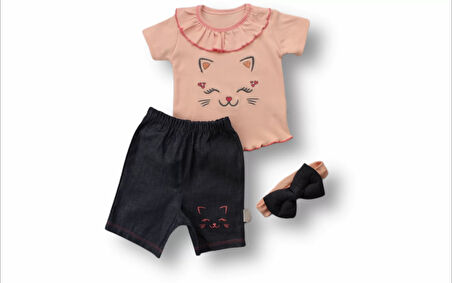 Eterelle 6-9 9-12 12-18 Ay Vip Kedi Baskılı Bandanalı Kısa Kollu Sweat 3lü Kız Bebek Takımı Pudra