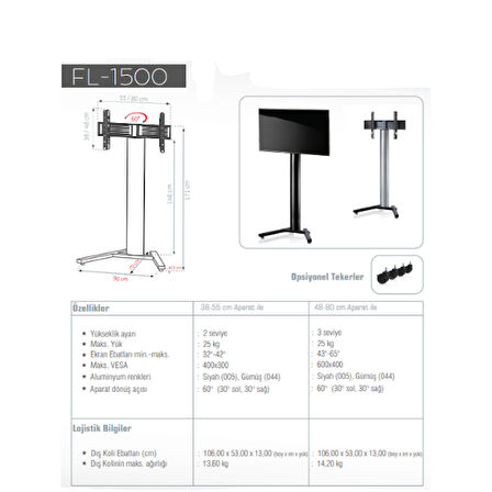 ULTIMATE FL-B-1500 Askılı TV Standı 32'' - 40'' (82 cm - 102 cm) - Tekerleksiz