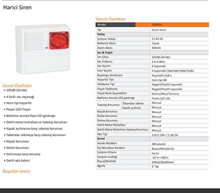 EDS AS495L LED Flaşörlü Metal Muhafazalı Harici Siren 110dB