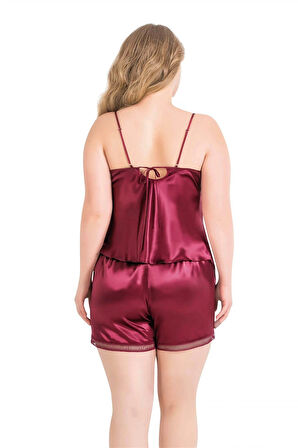 Büyük Beden Bordo Saten Babydoll Şort Takımı