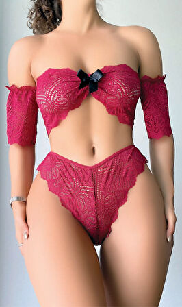 Fiyonk Detaylı Kırmızı Dantel Sütyen Külot Takım