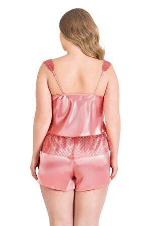 Büyük Beden Mercan Saten Babydoll Şort Takımı