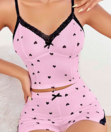 Pembe Kalp Desenli Askılı Şortlu Pijama Takım