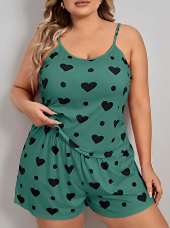 Büyük Beden Yeşil Kalp Desen Pamuklu Şortlu Pijama Takımı