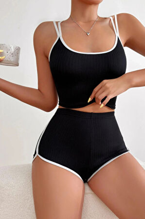 Kadın Siyah Beyaz Çapraz Lastik Detaylı Kaşkorse Şortlu Gecelik Takımı