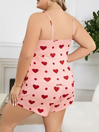 Büyük Beden Pembe Kalp Desen Pamuklu Şortlu Pijama Takımı