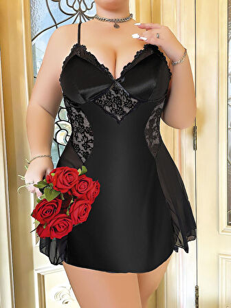 Büyük Beden Siyah Dantel İşlemeli İnce Askılı Saten Gecelik