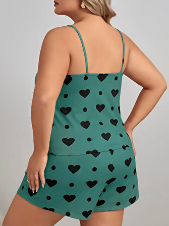 Büyük Beden Yeşil Kalp Desen Pamuklu Şortlu Pijama Takımı